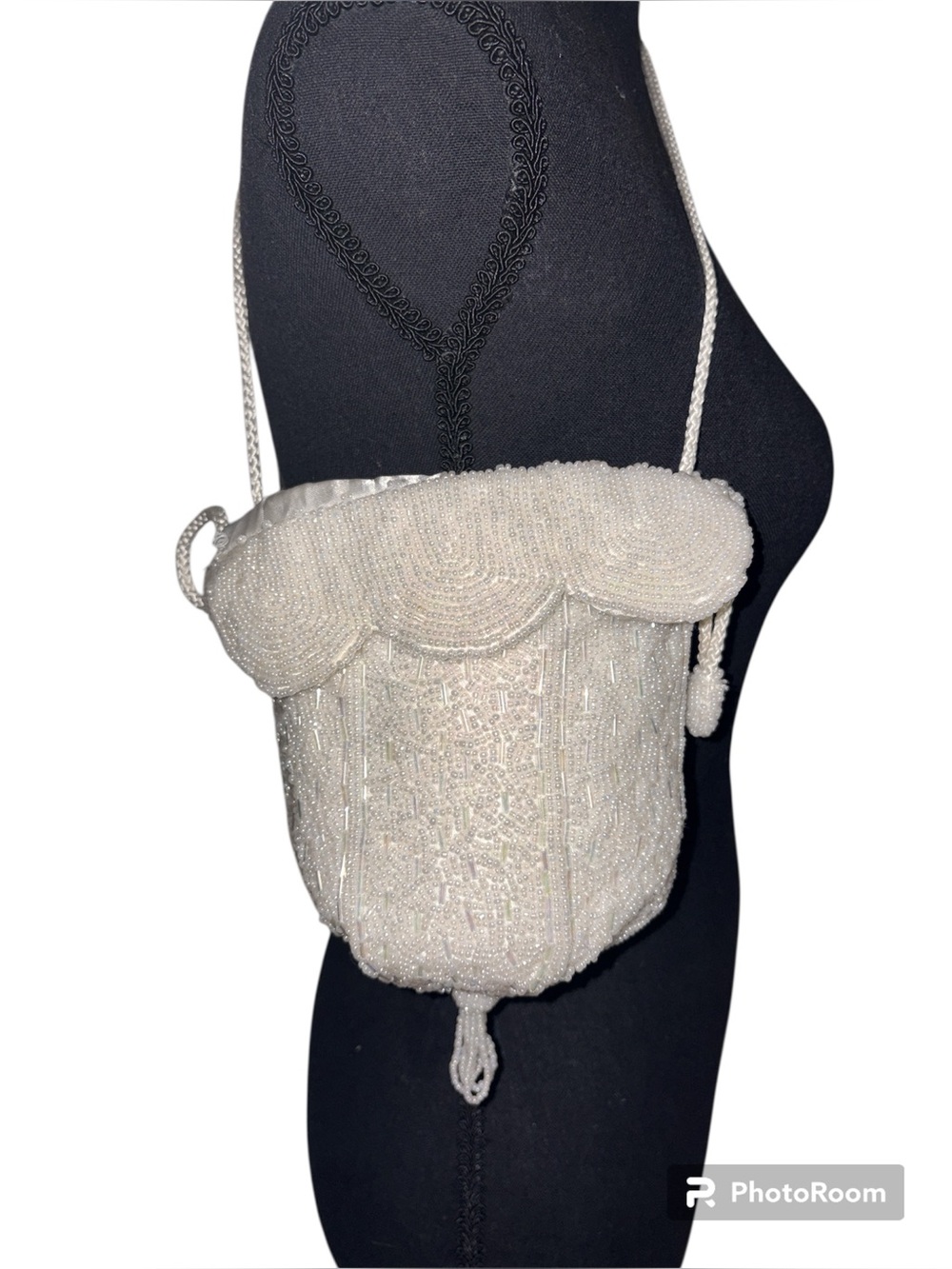 Fellini Vintage Handmade White Beaded Pouch with shoulder strap